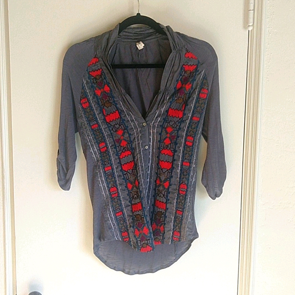 Anthropologie gray embroidered button down blouse